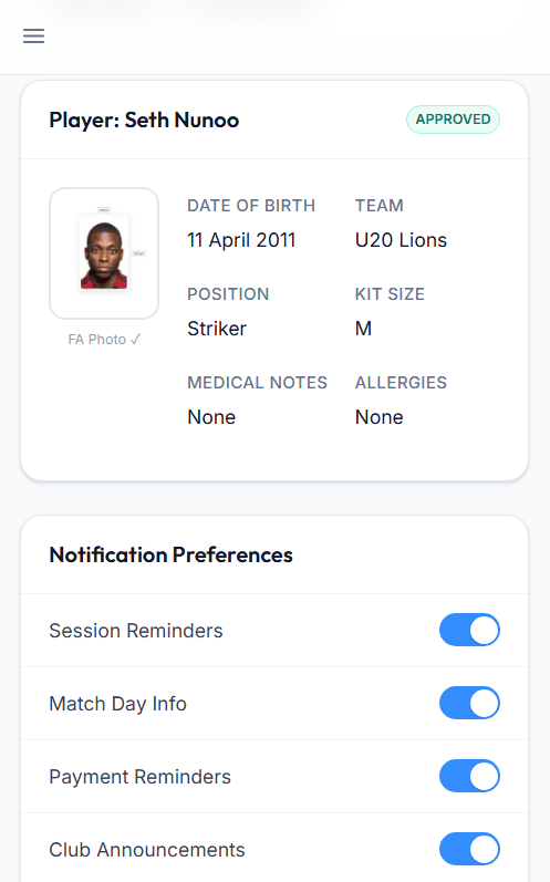 The FootballPro parent app showing a player profile and notification preferences