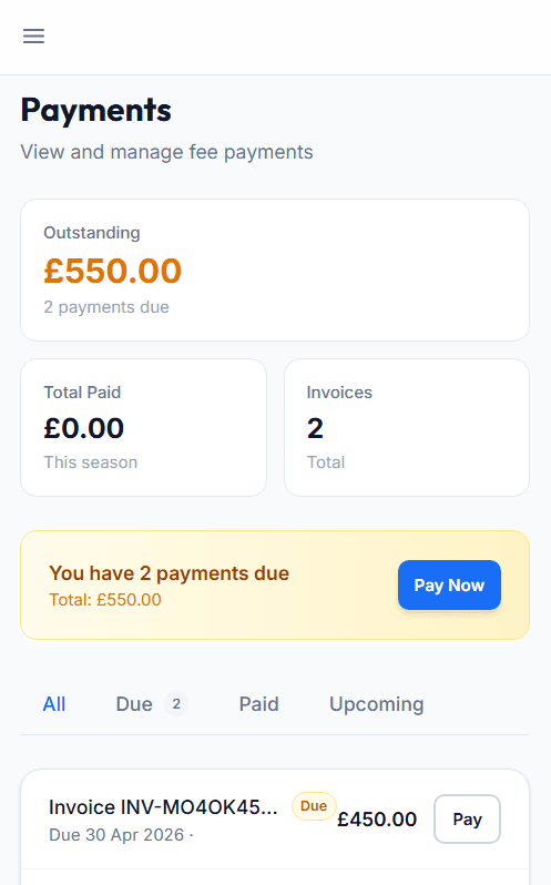 Payments screen